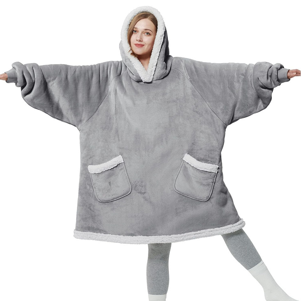 Custom Oversized Hoodie Flannel Sherpa Hoody Blanket Wearable Hooded TV blanket with Long Sleeves