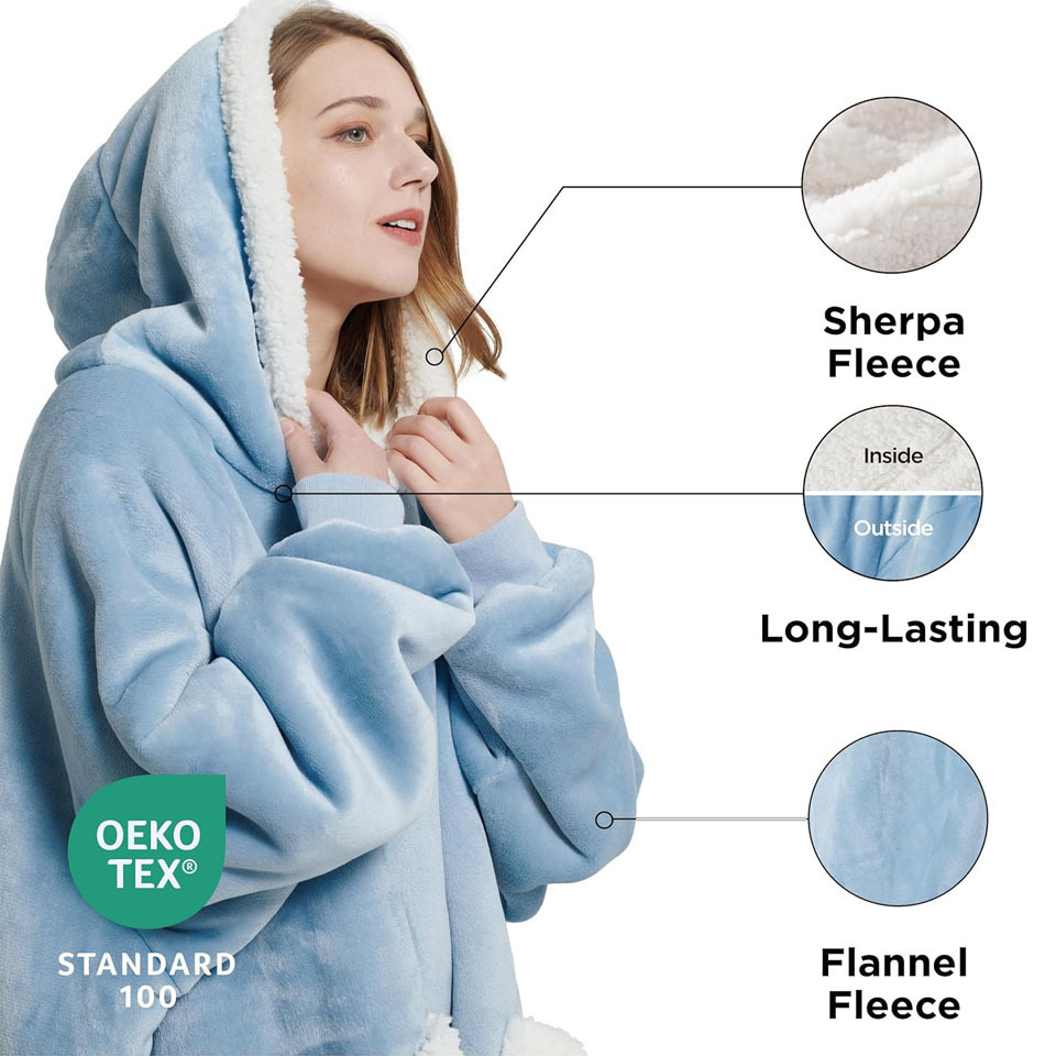 Custom Oversized Hoodie Flannel Sherpa Hoody Blanket Wearable Hooded TV blanket with Long Sleeves