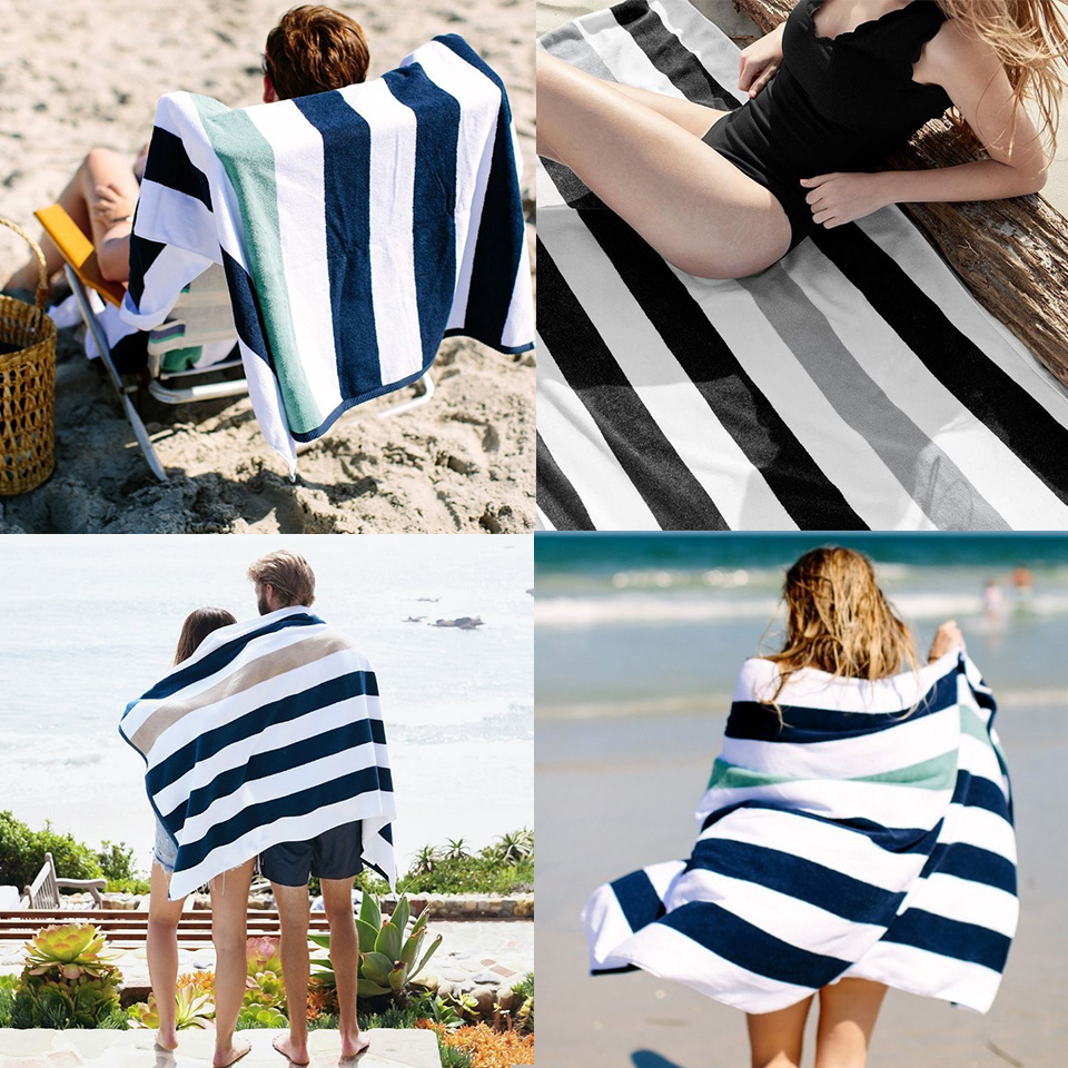 Large Woven Striped Water Absorption 100% Cotton Terry Pool Beach Towel with Print Custom Logo