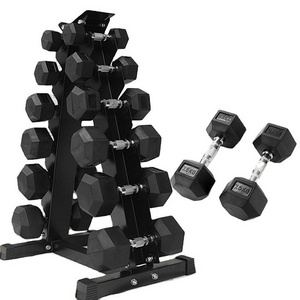 Hexagonal Manufacturer Coated Full Black Gym Weight 2.5-50 kg Pounds Dumbells Set Rubber Hex Dumbbell With Rack