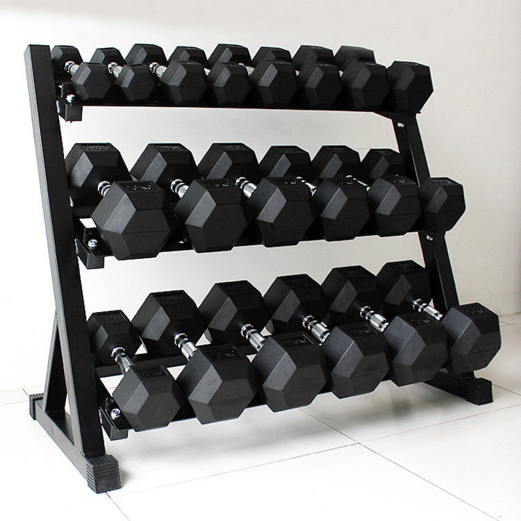 Hexagonal Manufacturer Coated Full Black Gym Weight 2.5-50 kg Pounds Dumbells Set Rubber Hex Dumbbell With Rack