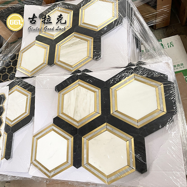 New design waterjet white and black marble mosaic inlay gold brass wall tile