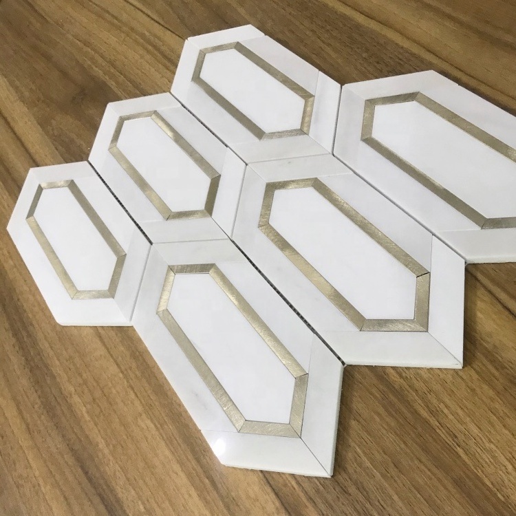 peel and stick aluminum inlay white marble mosaic tile