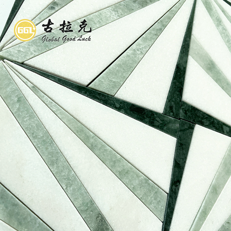 Natural Green and White Marble Stone Fans Pattern Waterjet Design Mosaic Tiles for Floor Decoration