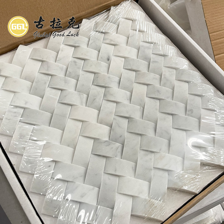 Honed Carrara White Marble Mosaic 3D Basketweave Marble Mosaic Wall Tile