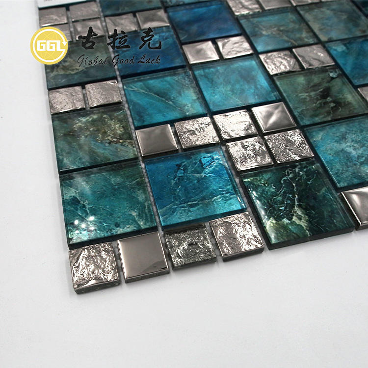 Shiny Wall Crystal Decorative Tile Square Shape Glass Mixed Stainless Steel Sea Blue Mosaic Tile for Hotel