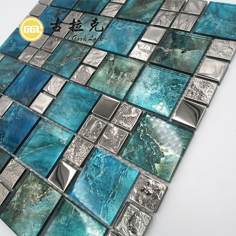 Shiny Wall Crystal Decorative Tile Square Shape Glass Mixed Stainless Steel Sea Blue Mosaic Tile for Hotel