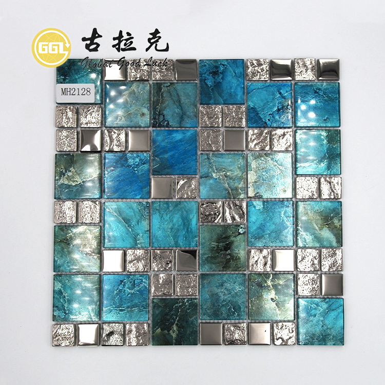 Shiny Wall Crystal Decorative Tile Square Shape Glass Mixed Stainless Steel Sea Blue Mosaic Tile for Hotel