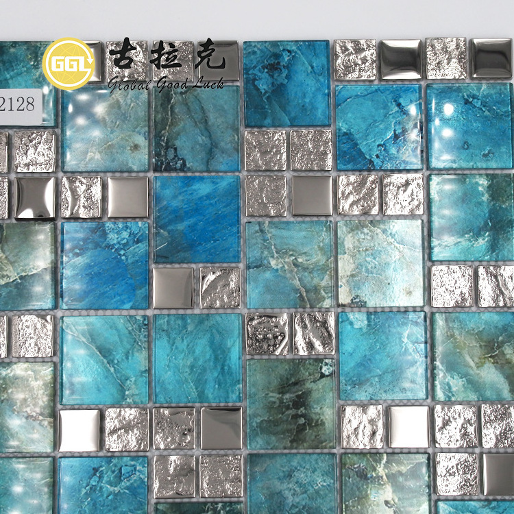 Shiny Wall Crystal Decorative Tile Square Shape Glass Mixed Stainless Steel Sea Blue Mosaic Tile for Hotel