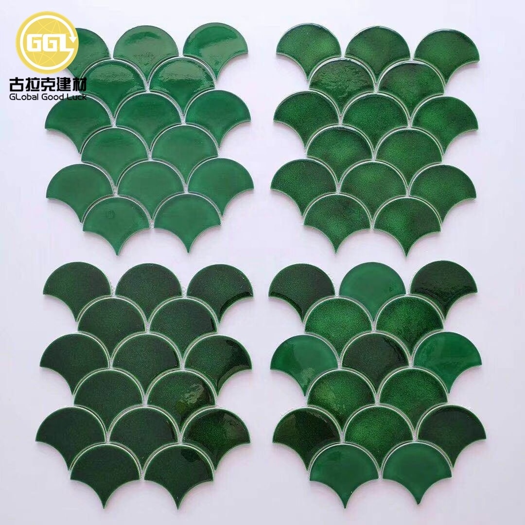 Cheap price fan shape/fish scale ceramic mosaic tile for kitchen backsplash decor