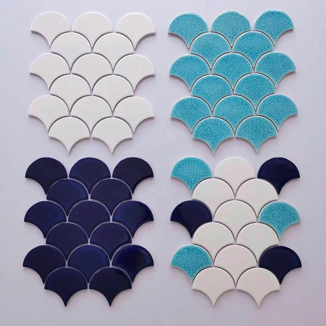 Cheap price fan shape/fish scale ceramic mosaic tile for kitchen backsplash decor