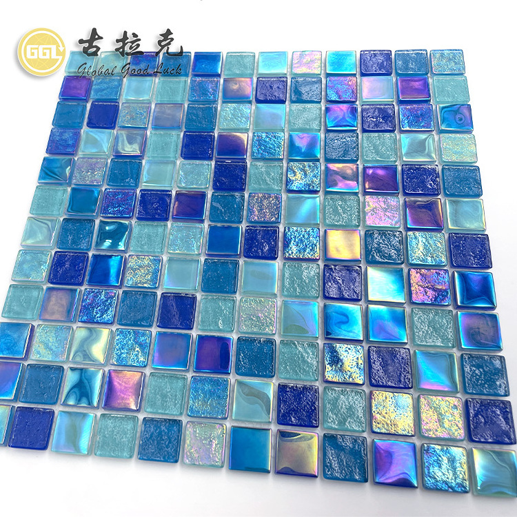 iridescence mosaic glass mirror blue peel and stick tile backsplash swimming pool tiles