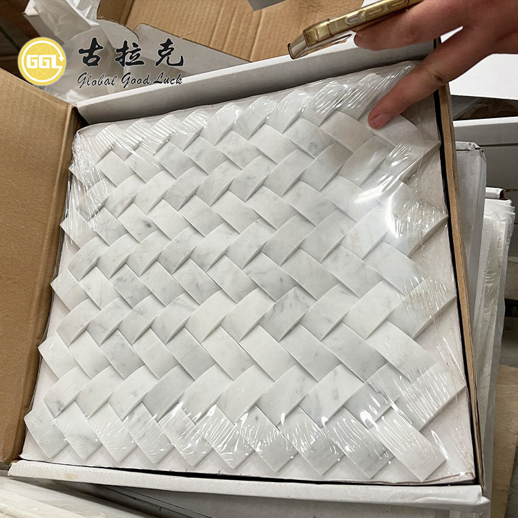 Honed Carrara White Marble Mosaic 3D Basketweave Marble Mosaic Wall Tile