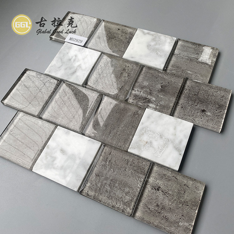 New Arrival Crystal Glass Mix Marble Mosaic Square Shape Tile Glitter Mosaic Tile for Interior Wall Decor