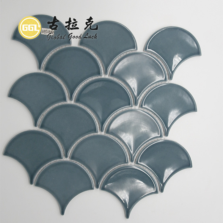 Fan Shape Fish Scale Glossy Ceramic Tile Mosaic For Bathroom Wall Decor