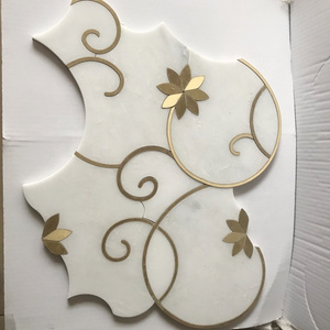 carrara white marble water jet mosaic gold metal brass inlay luxury wall tile