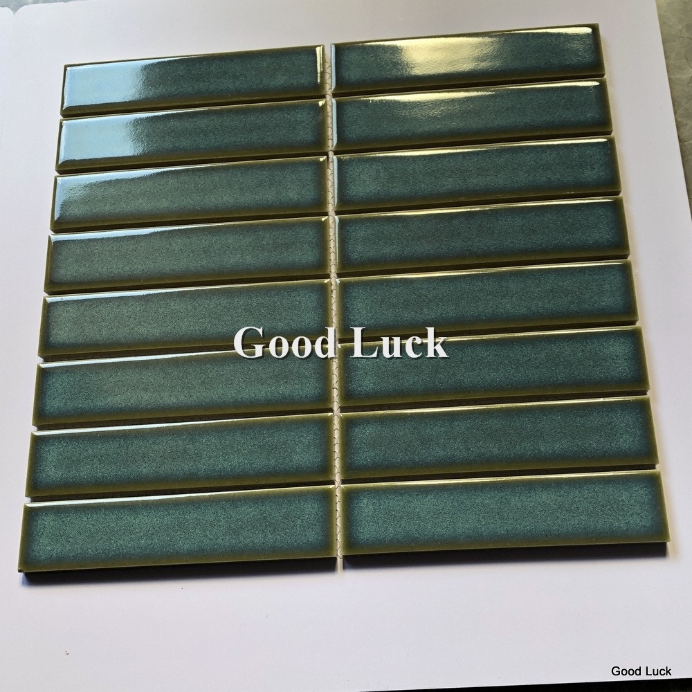 Premium modern bathroom shower wall backsplash 15x145mm porcelain glazed stackbond green finger mosaic tiles decorative