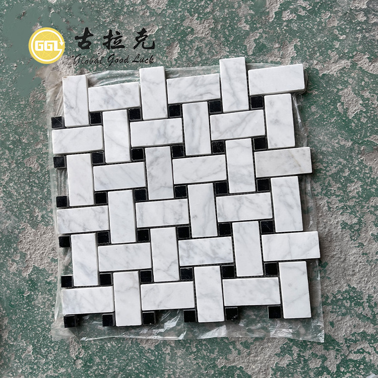 Nero Marquina Stone Cararra White Nature Marble with Black Stone Basket Weave Mosaic Tile Backsplash for Kitchen