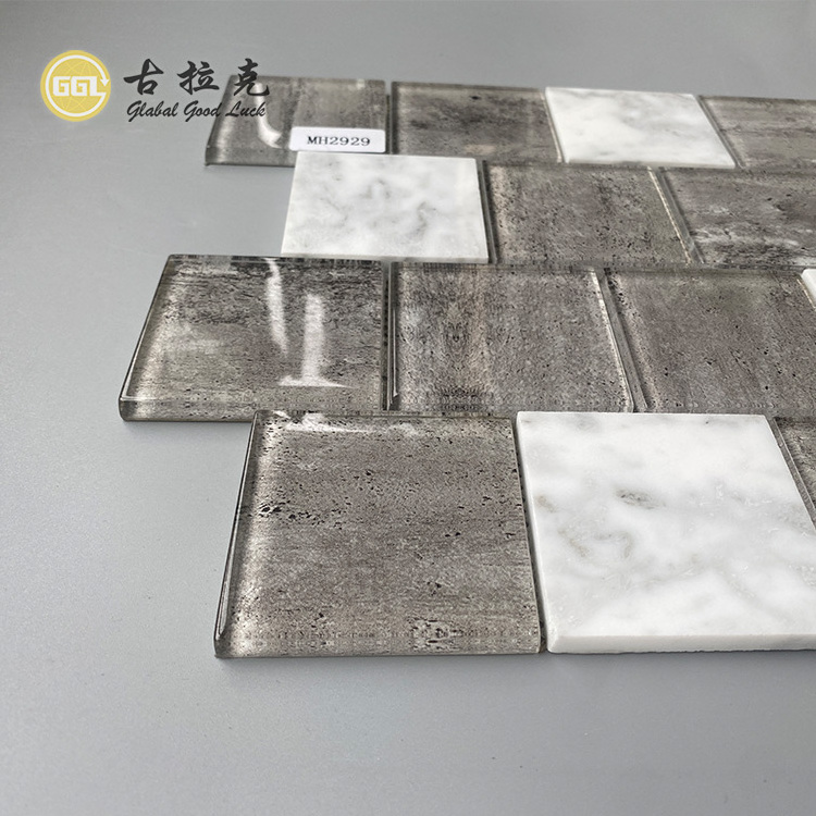 New Arrival Crystal Glass Mix Marble Mosaic Square Shape Tile Glitter Mosaic Tile for Interior Wall Decor