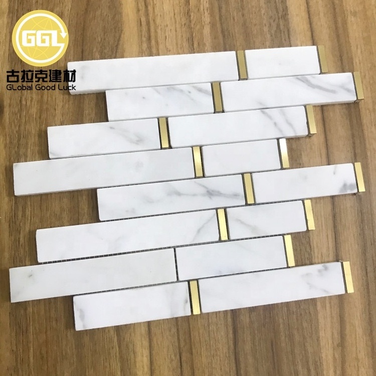 brick mosaic subway tile white marble mosaic inlay brass mosaic tile