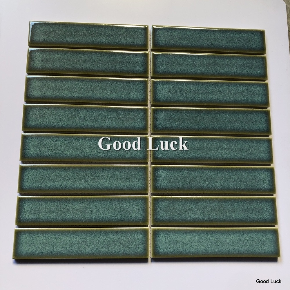 Premium modern bathroom shower wall backsplash 15x145mm porcelain glazed stackbond green finger mosaic tiles decorative