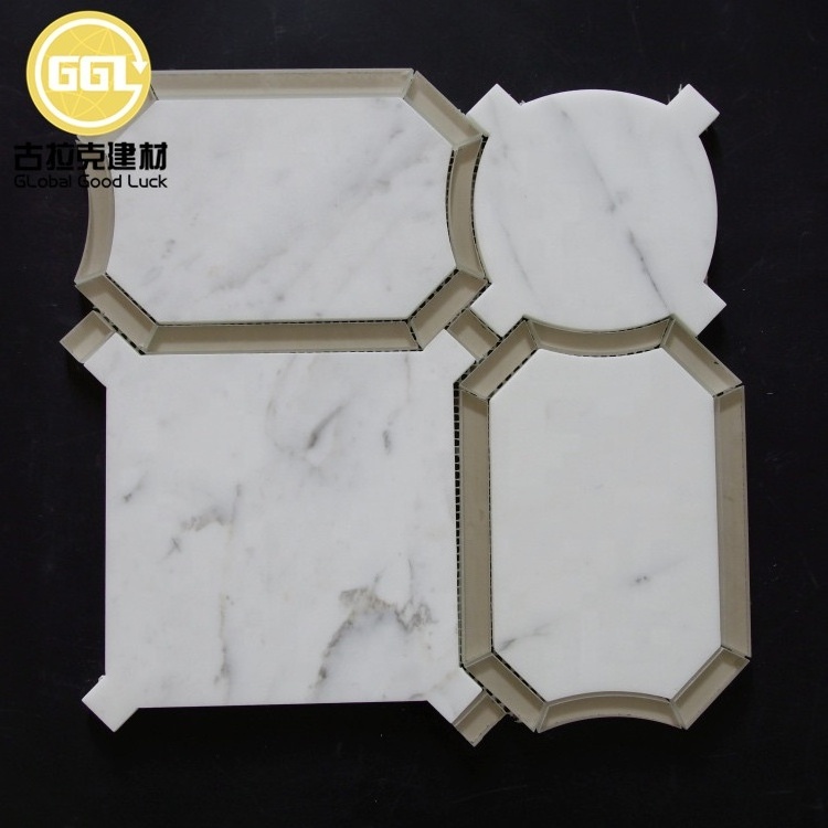 12x12 Inch White Creative Irregular Mosaic Metal Waterjet Cut Stone Marble Tiles for Backsplash