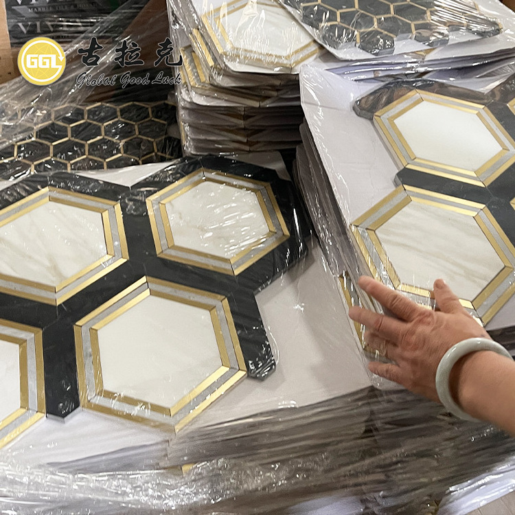 New design waterjet white and black marble mosaic inlay gold brass wall tile