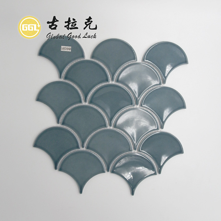 Fan Shape Fish Scale Glossy Ceramic Tile Mosaic For Bathroom Wall Decor