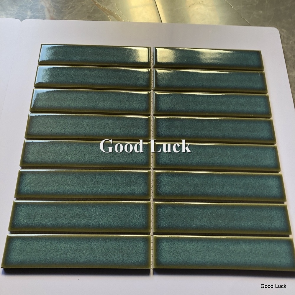 Premium modern bathroom shower wall backsplash 15x145mm porcelain glazed stackbond green finger mosaic tiles decorative