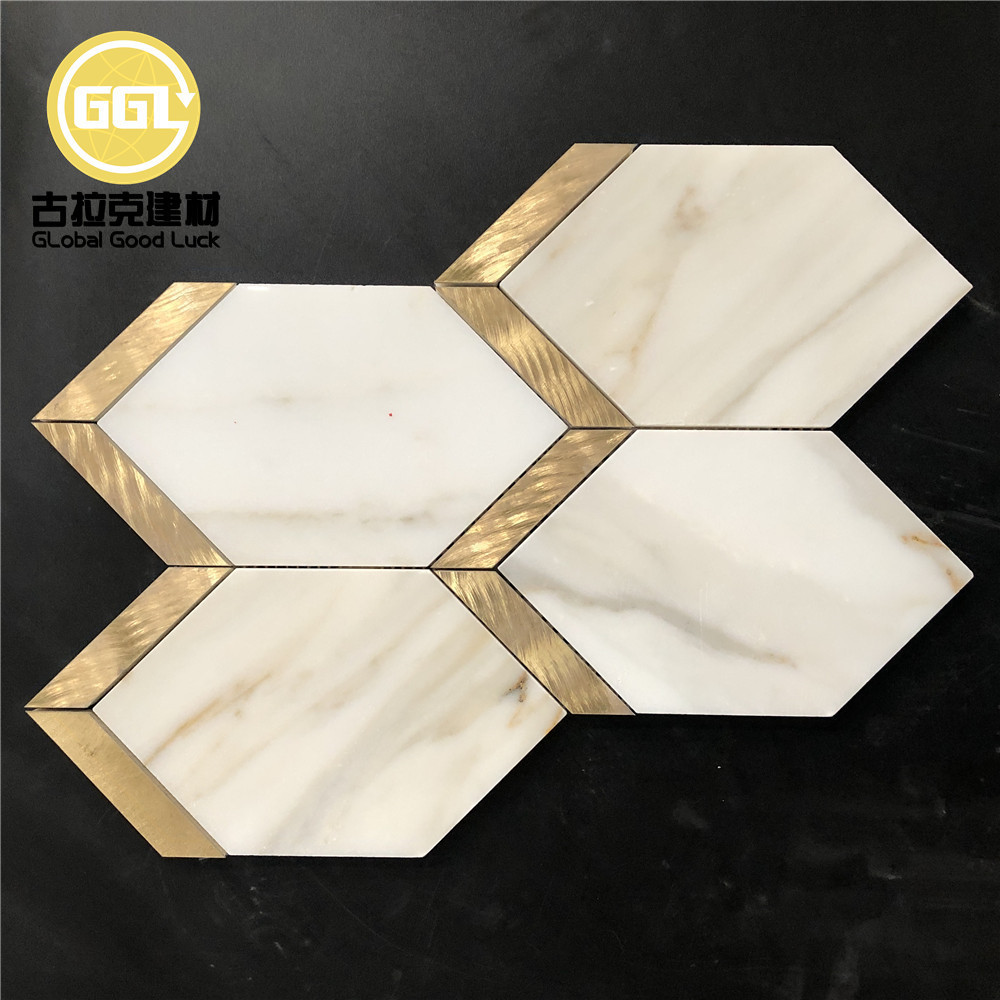 Calacatta marble and brass in hexagon design mosaic tiles bathroom wall