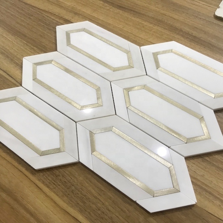 peel and stick aluminum inlay white marble mosaic tile