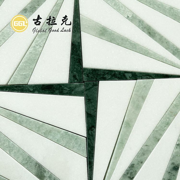 Natural Green and White Marble Stone Fans Pattern Waterjet Design Mosaic Tiles for Floor Decoration