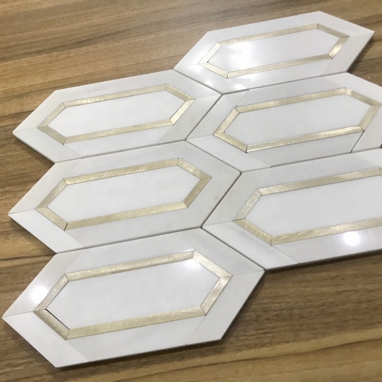 peel and stick aluminum inlay white marble mosaic tile