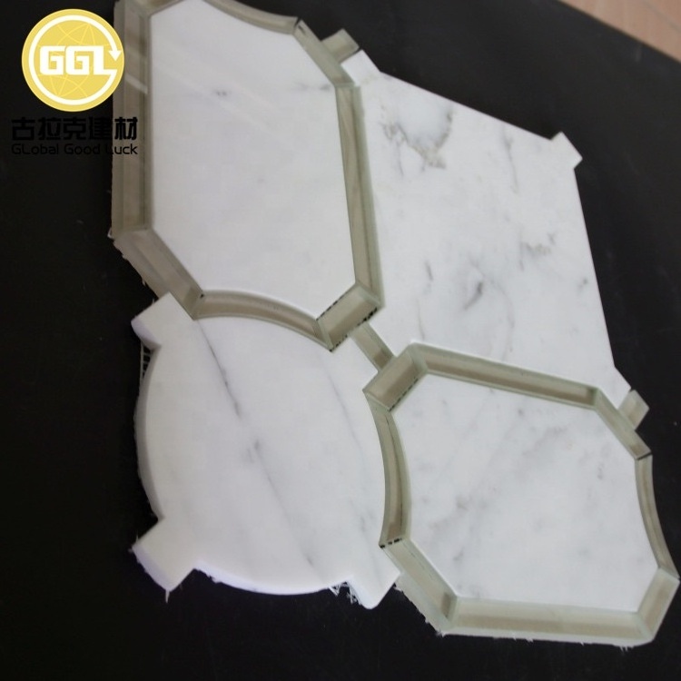 12x12 Inch White Creative Irregular Mosaic Metal Waterjet Cut Stone Marble Tiles for Backsplash