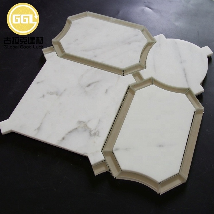 12x12 Inch White Creative Irregular Mosaic Metal Waterjet Cut Stone Marble Tiles for Backsplash