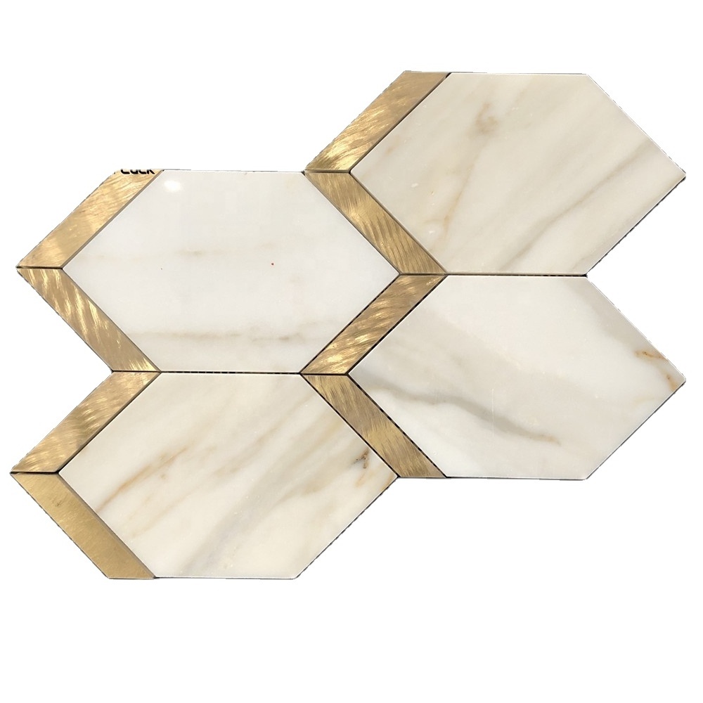 Calacatta marble and brass in hexagon design mosaic tiles bathroom wall