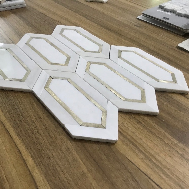 peel and stick aluminum inlay white marble mosaic tile