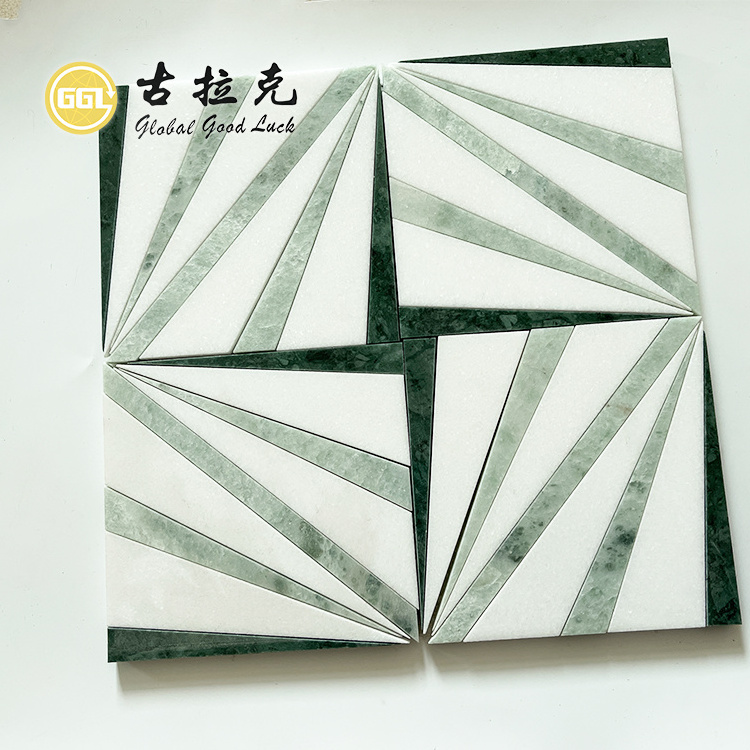 Natural Green and White Marble Stone Fans Pattern Waterjet Design Mosaic Tiles for Floor Decoration