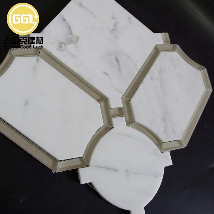 12x12 Inch White Creative Irregular Mosaic Metal Waterjet Cut Stone Marble Tiles for Backsplash