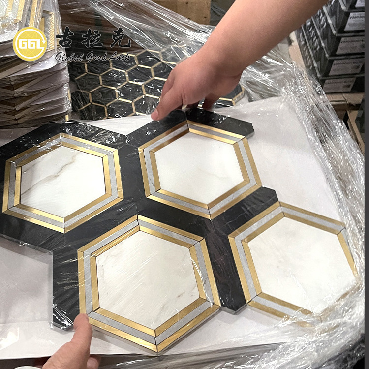 New design waterjet white and black marble mosaic inlay gold brass wall tile