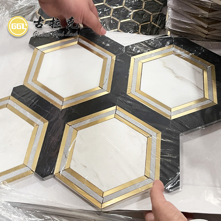 New design waterjet white and black marble mosaic inlay gold brass wall tile