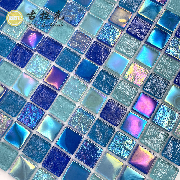 iridescence mosaic glass mirror blue peel and stick tile backsplash swimming pool tiles