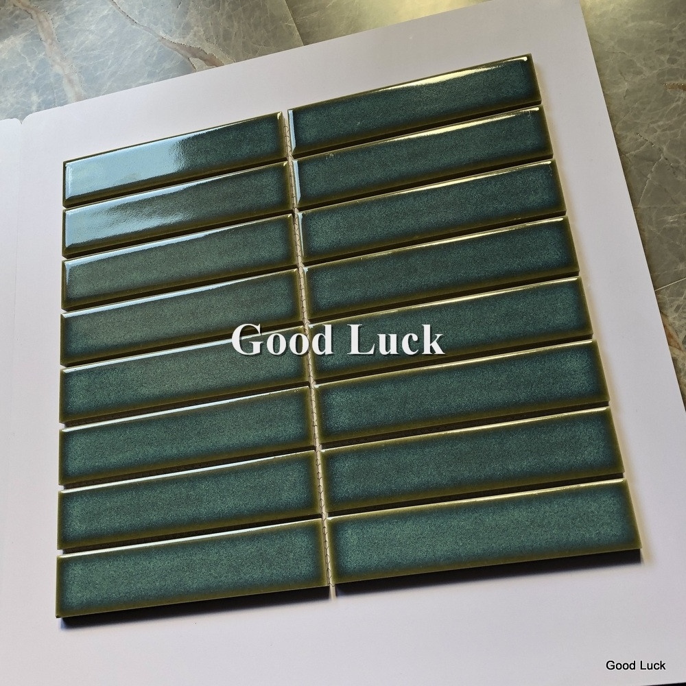 Premium modern bathroom shower wall backsplash 15x145mm porcelain glazed stackbond green finger mosaic tiles decorative