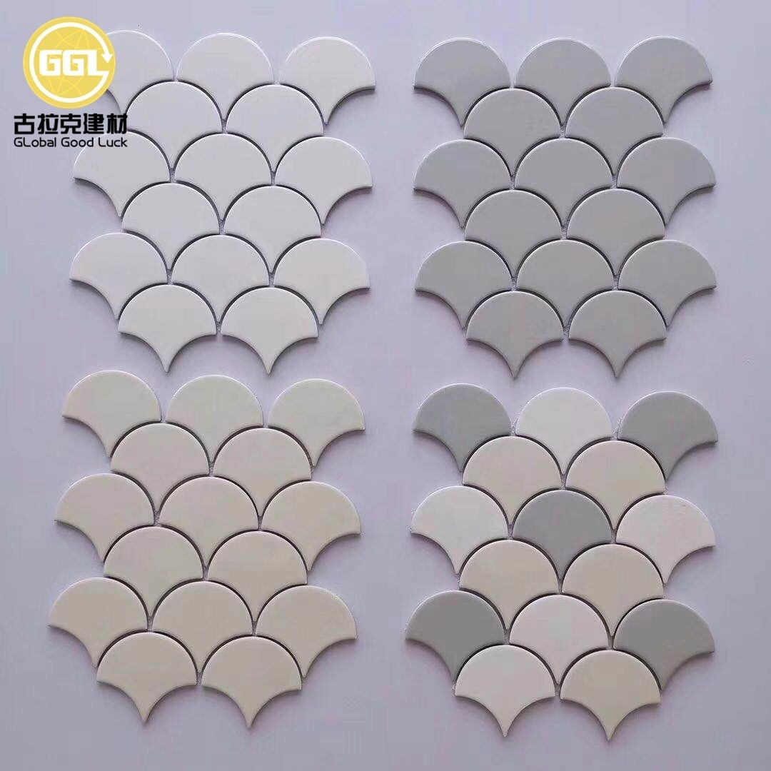 Cheap price fan shape/fish scale ceramic mosaic tile for kitchen backsplash decor