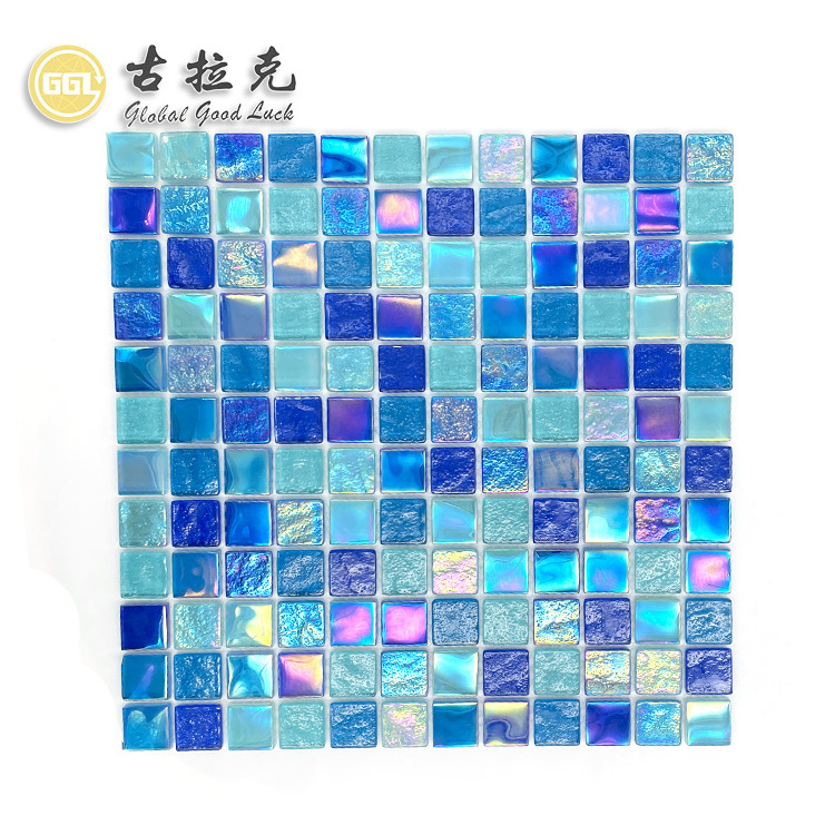 iridescence mosaic glass mirror blue peel and stick tile backsplash swimming pool tiles