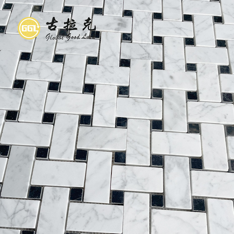 Nero Marquina Stone Cararra White Nature Marble with Black Stone Basket Weave Mosaic Tile Backsplash for Kitchen