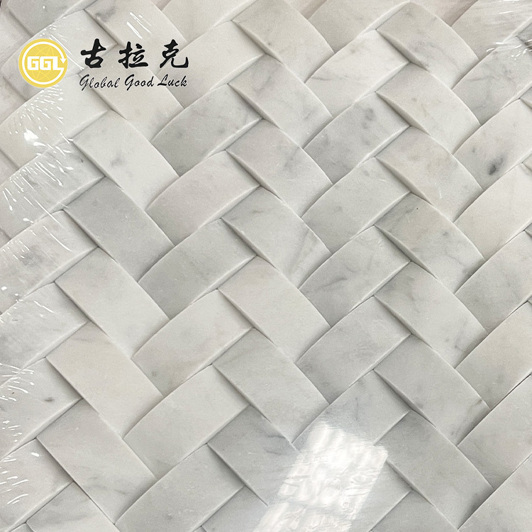 Honed Carrara White Marble Mosaic 3D Basketweave Marble Mosaic Wall Tile