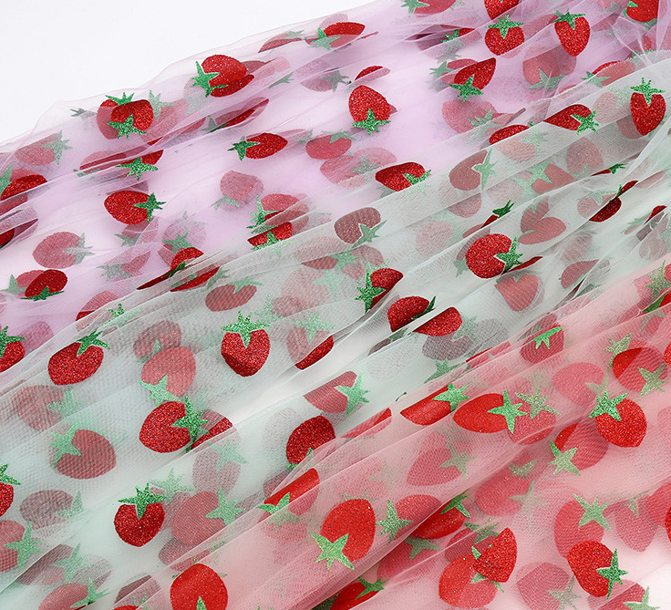 milan tulle Strawberry design powder printed mesh fabric kids drees gold powder tulle fabric