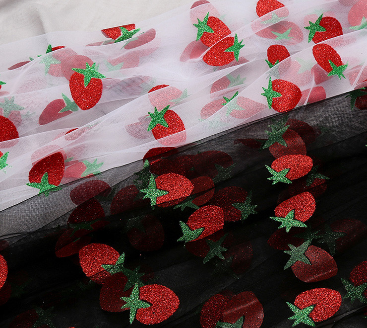 milan tulle Strawberry design powder printed mesh fabric kids drees gold powder tulle fabric