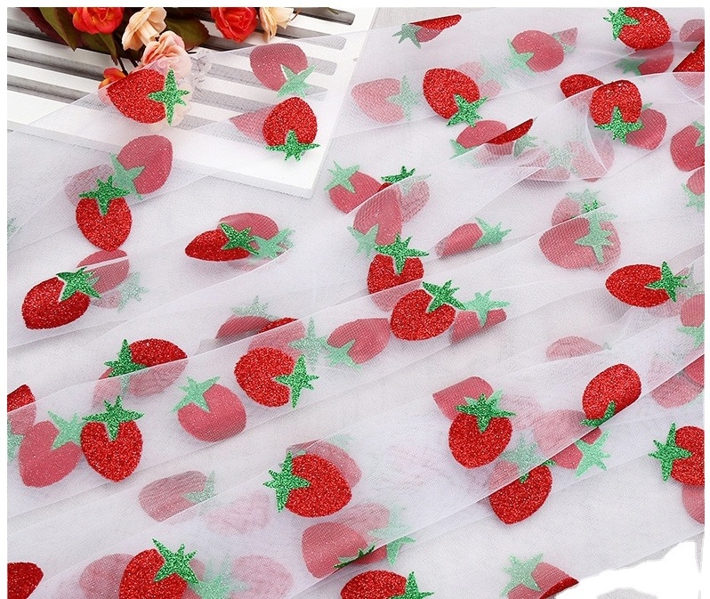 milan tulle Strawberry design powder printed mesh fabric kids drees gold powder tulle fabric